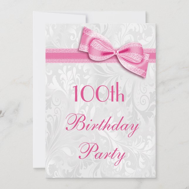 100th Birthday Party Damask and Pink Faux Bow Invitation (Front)