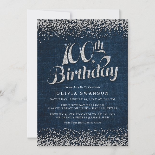 100th Birthday Party Denim & Diamonds Invitation (Front)