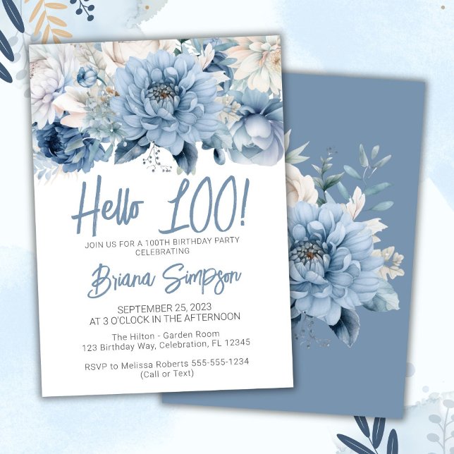 100th Birthday Party Dusty Blue Floral Invitation (Creator Uploaded)