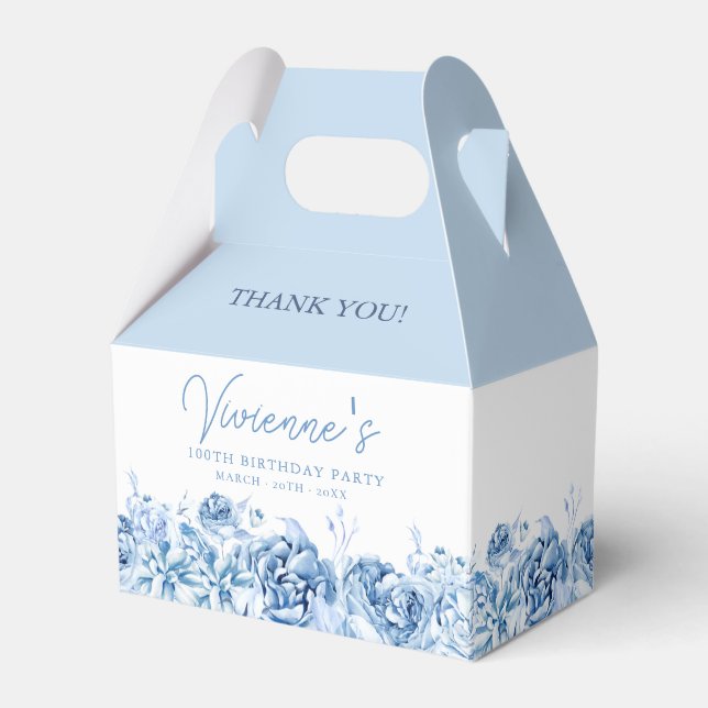 100th Birthday Party Dusty Blue Rose Floral Favour Box (Front Side)