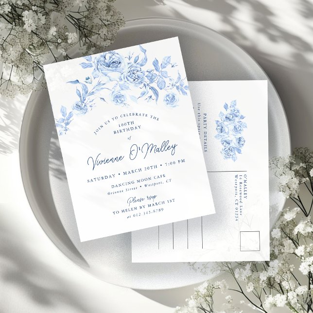100th Birthday Party Dusty Blue Rose Floral Invitation Postcard (Creator Uploaded)