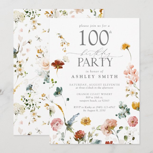100th Birthday Party Elegant Floral Blush Pink Invitation (Front/Back)