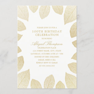100th Birthday Party Elegant Gold Leaves Invitation
