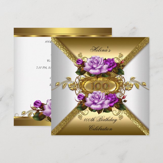 100th Birthday Party Elegant Roses Purple Gold Invitation (Front/Back)