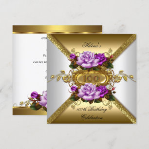 100th Birthday Party Elegant Roses Purple Gold Invitation