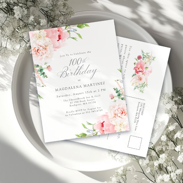  100th Birthday Party Feminine Pink Floral Invitation Postcard (Creator Uploaded)