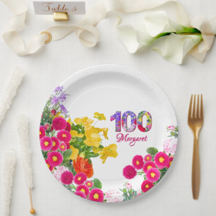 100th Birthday Party Floral Flowers Modern 100 Paper Plate