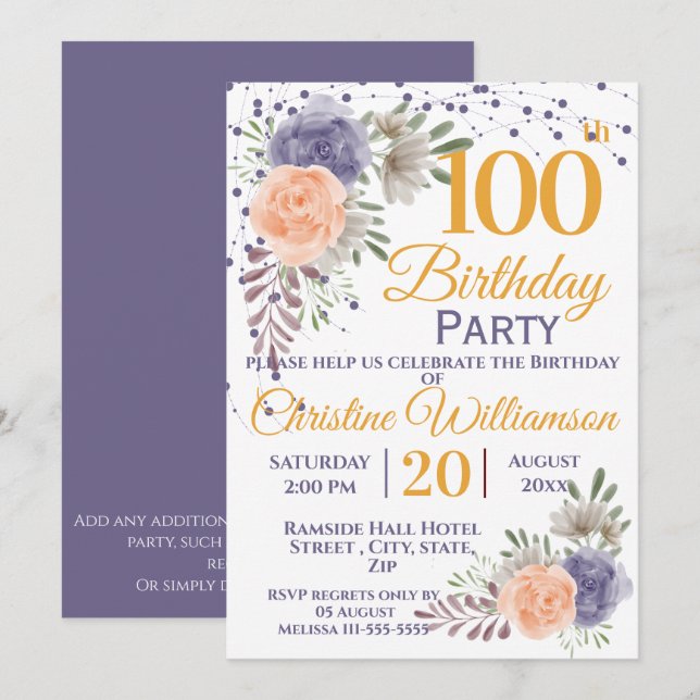 100th Birthday Party Floral Peony Purple Invitation (Front/Back)