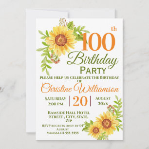 100th Birthday Party Floral Sunflower Invitation
