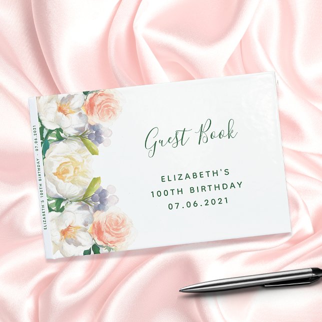 100th birthday party florals white peach pink guest book (Creator Uploaded)