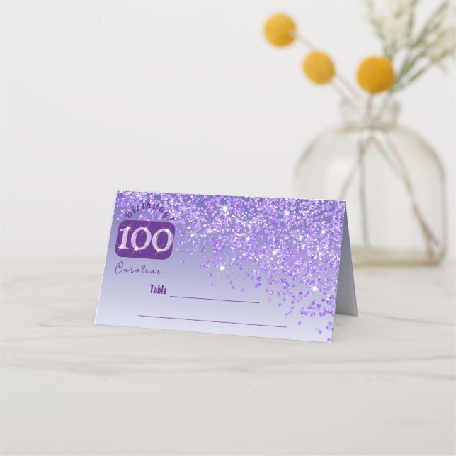 100th Birthday Party Glam Purple Glitter Place Card (Front)