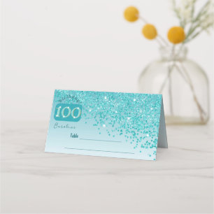 100th Birthday Party Glam Teal Blue Glitter Place Card