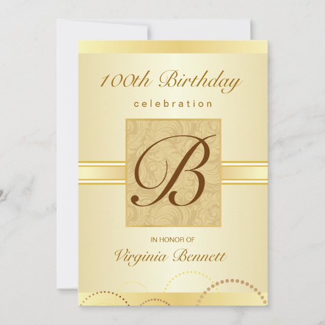 100th Birthday Party Gold Damask Monogram Invitation (Front)