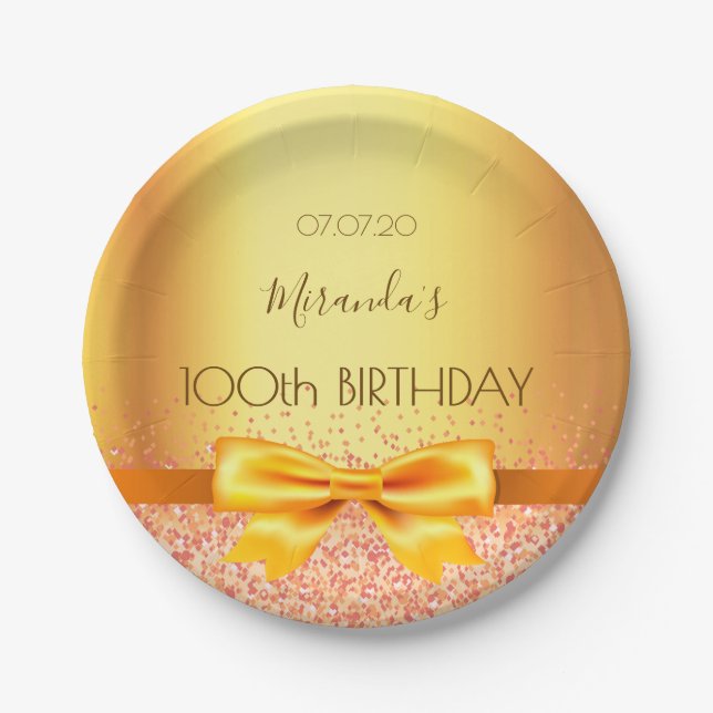 100th birthday party gold elegant bow name paper plate (Front)