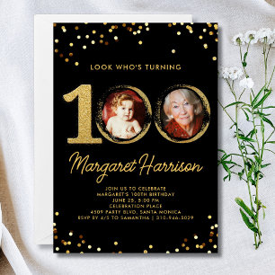 100th Birthday Party Gold Glitter Confetti Photo Invitation
