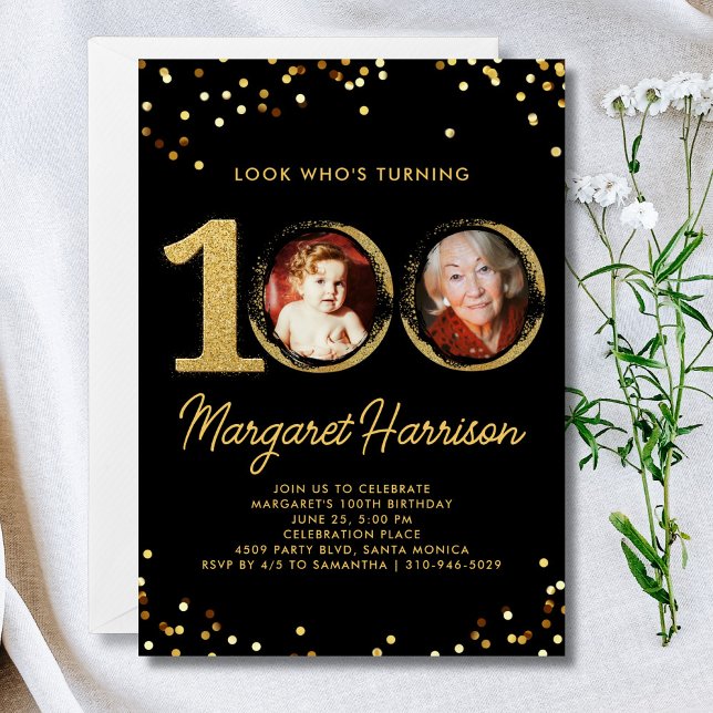 100th Birthday Party Gold Glitter Confetti Photo Invitation (Creator Uploaded)