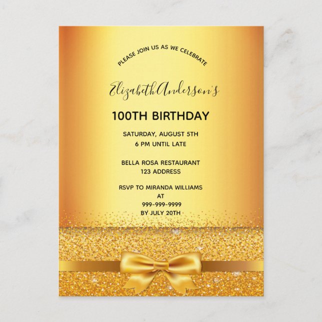 100th birthday party gold metallic invitation postcard (Front)