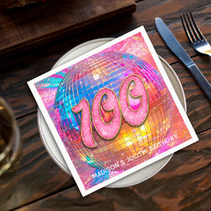 100th Birthday Party Gold Pink Glitter Disco Ball Napkin