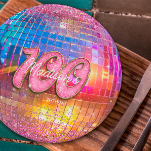 100th Birthday Party Gold Pink Glitter Disco Ball Paper Plate
