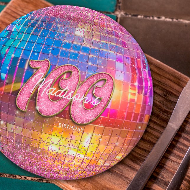 100th Birthday Party Gold Pink Glitter Disco Ball Paper Plate (Creator Uploaded)