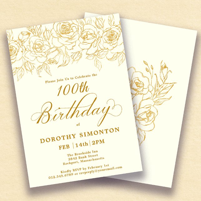 100th Birthday Party Gold Rose Floral Ivory White Invitation (Creator Uploaded)