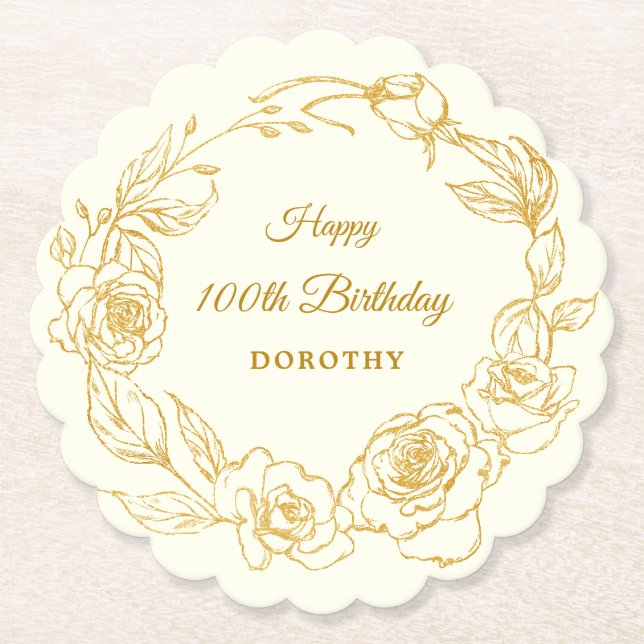 100th Birthday Party Gold Rose Ivory White Paper Coaster (Front)