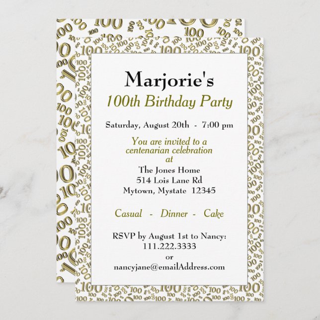 100th Birthday Party Gold/White Number Pattern Invitation (Front/Back)