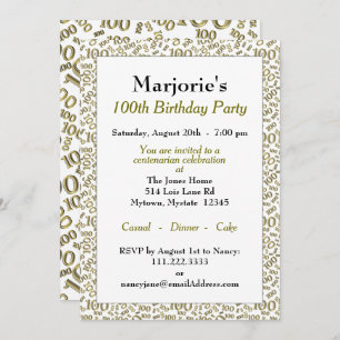 100th Birthday Party Gold/White Number Pattern Invitation