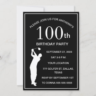 100th Birthday Party Golfer Black Par Adult Golf Invitation