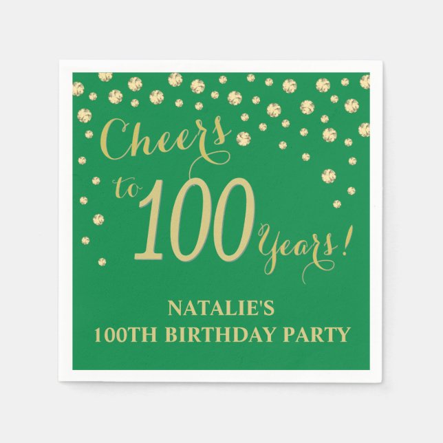100th Birthday Party Green and Gold Diamond Napkin (Front)