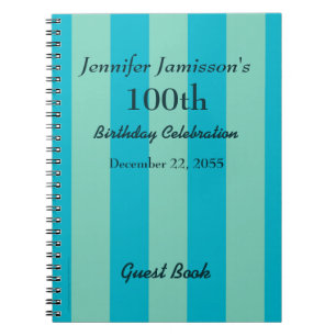 100th Birthday Party Guest Book Blue/Green Stripe 