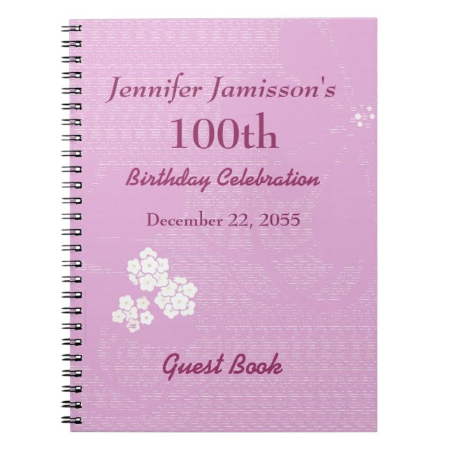 100th Birthday Party Guest Book Pink, White Floral (Front)