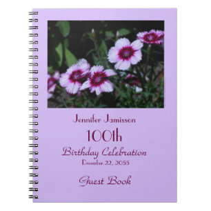 100th Birthday Party Guest Book, Purple Flowers Notebook