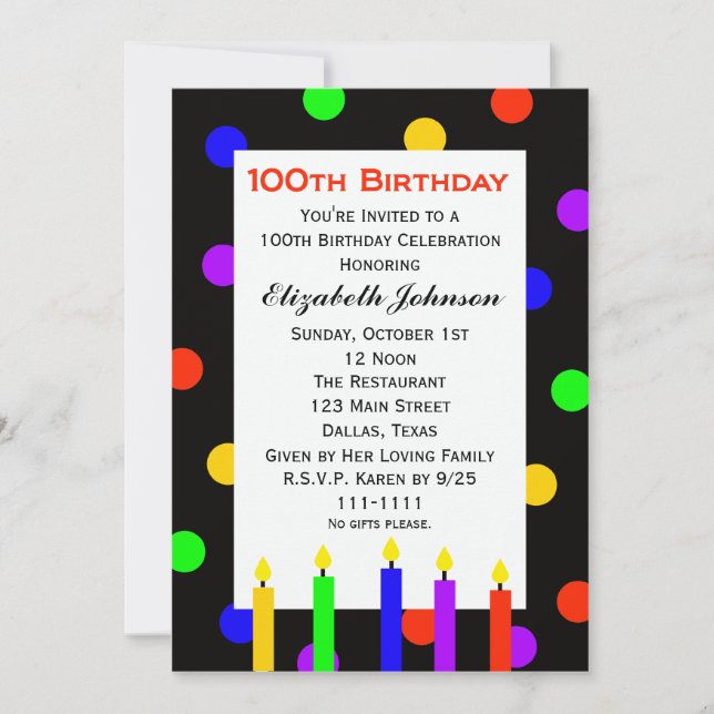 100th Birthday Party Invitation Candles & Dots (Front)