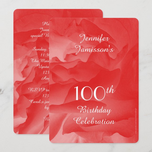 100th Birthday Party Invitation, Coral Pink Rose Invitation (Front/Back)