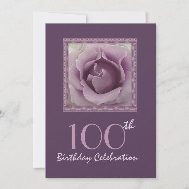 100th Birthday Party Invitation DREAMY PURPLE Rose (Front)