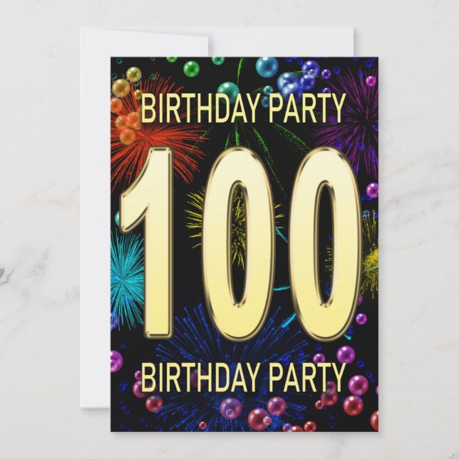 100th Birthday Party Invitation Fireworks Bubbles (Front)