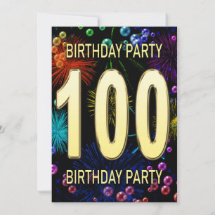 100th Birthday Party Invitation Fireworks Bubbles