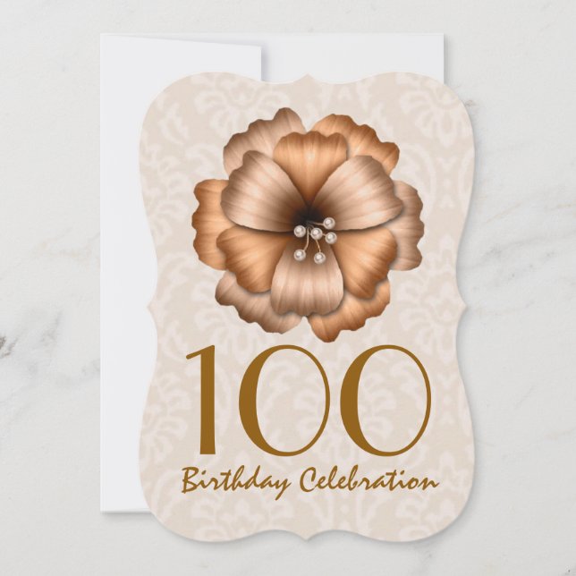 100th Birthday Party Invitation GOLD Flower Bow 7 (Front)