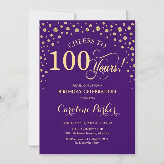 100th Birthday Party Invitation - Gold Purple (Front)
