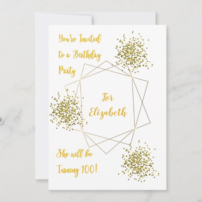 100th Birthday Party Invitation Gold & White (Front)