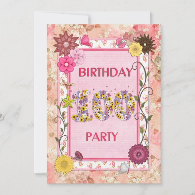 100th birthday party invitation with floral frame (Front)