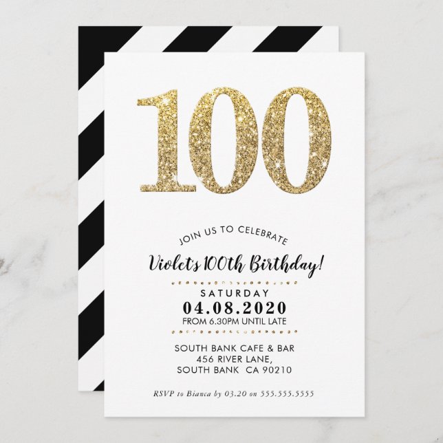 100TH BIRTHDAY PARTY INVITE modern gold glitter (Front/Back)