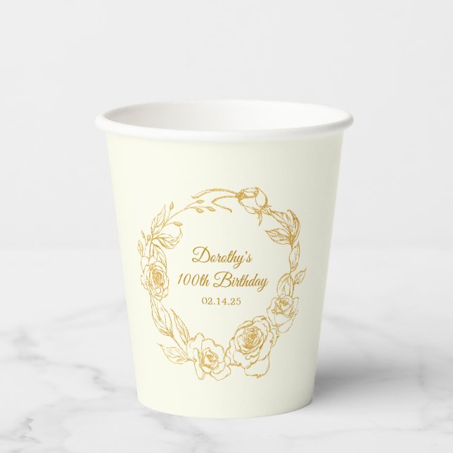 100th Birthday Party Luxe Gold Rose White Paper Cups (Front)