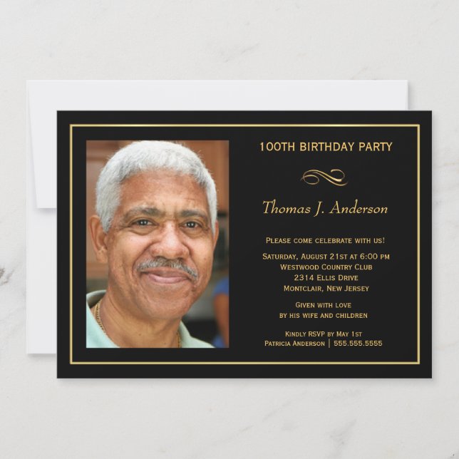 100th Birthday Party Men's Black and Gold Photo Invitation (Front)
