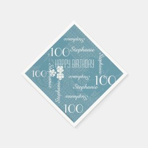 100th Birthday Party Name Pastel Blue Floral Paper Napkin