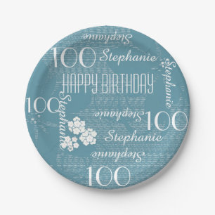100th Birthday Party, Name, Plain Blue Floral Paper Plate