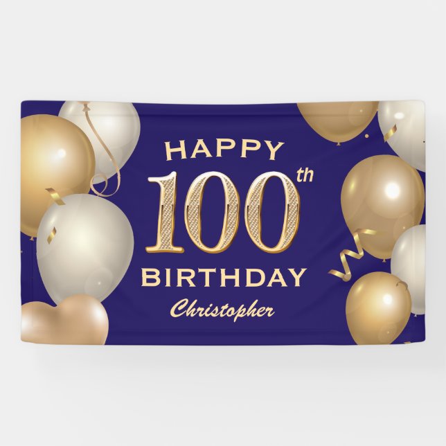 100th Birthday Party Navy Blue and Gold Balloons Banner (Horizontal)