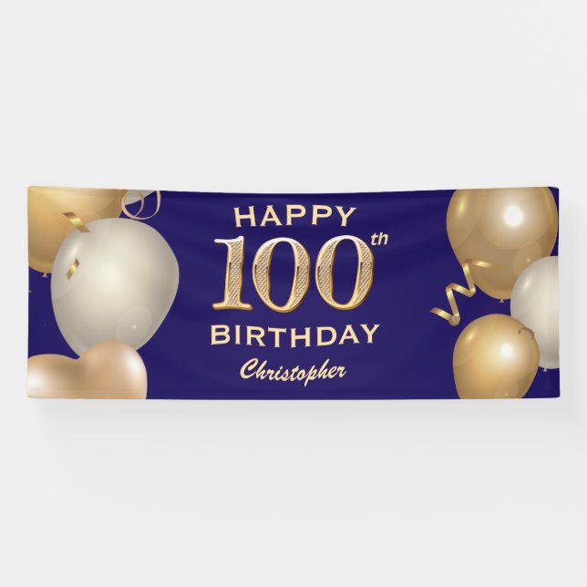 100th Birthday Party Navy Blue and Gold Balloons Banner (Horizontal)