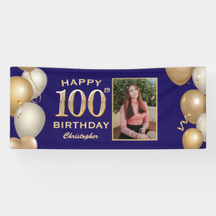 100th Birthday Party Navy Blue and Gold Balloons Banner